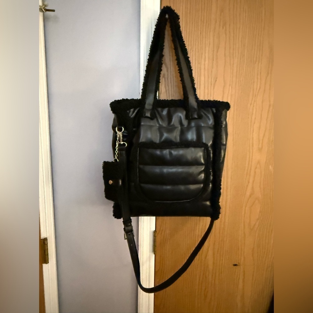 Aspen Black Faux Leather Quilted Tote Bag Sherpa Trim Crossbody